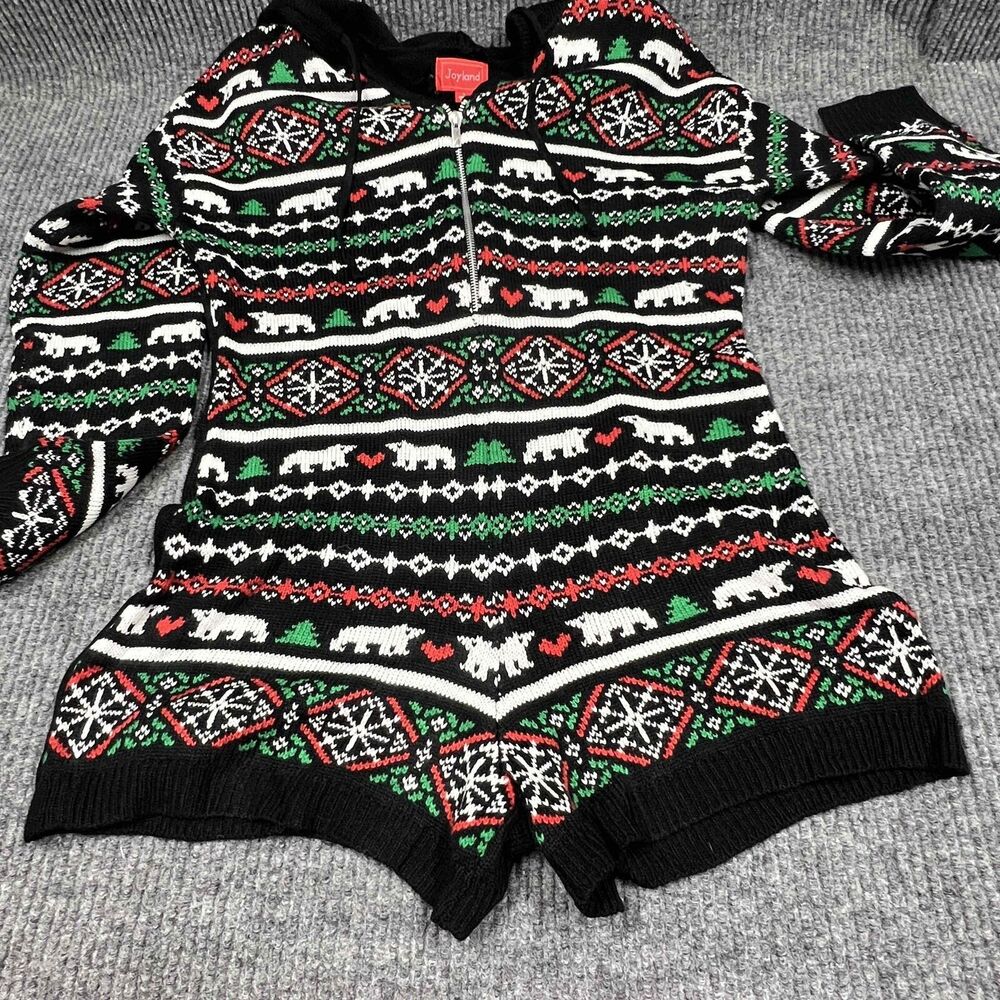Joyland‎ Christmas Romper Black Sweater Women Small Polar Bear Hooded Zip Up NWT